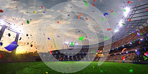 Stadium sunset Confetti and tinsel with people fans. 3d render illustration cloudy