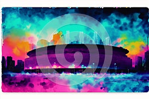 Stadium on the watercolor background. Stylized drawing.Abstract colorful background. Generative AI