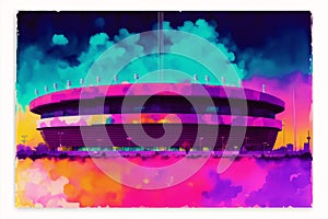 Stadium on the watercolor background. Stylized drawing.Abstract colorful background. Generative AI