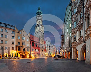 Stadtturm tower at dusk, Innsbruck, Austria