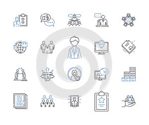 Staff deployment line icons collection. Allocation, Assigning, Deployment, Dispatch, Arrangement, Positioning, Shifting photo