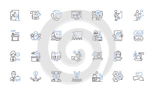 Staff improvement line icons collection. Training, Development, Motivation, Quality, Communication, Leadership