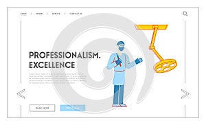 Staff with Medical Tool, Health Care Landing Page Template. Surgeon Character with Scalpel Prepare to Operation