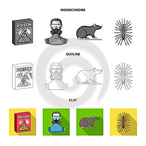 Staff, packing with poison and pests flat,outline,monochrome icons in set collection for design. Pest Control Service