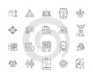 Staff and planning outline icons collection. Staffing, Planning, Organizing, Scheduling, Hiring, Assigning, Forecasting