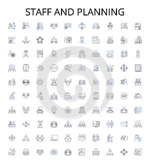 Staff and planning outline icons collection. Staffing, Planning, Organizing, Scheduling, Hiring, Assigning, Forecasting