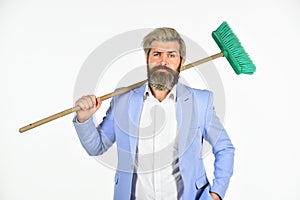 Staff reductions concept. Business cost reduction. Where start cleaning. Clear reputation. Hipster hold cleaning tool