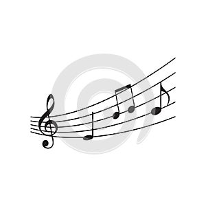 Staff treble clef notes waves. Musical concept vector isolated on white background. Illustration of music note sound, tune, bass