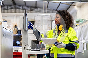 staff woman worker work operate cutting machine. Lathe CNC engineer. modern factory working woman. smart women worker industry