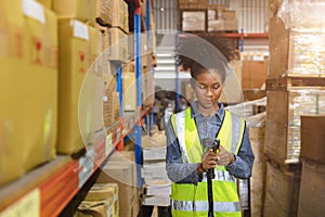 Staff worker work in warehouse inventory products collection management with barcode scanning device