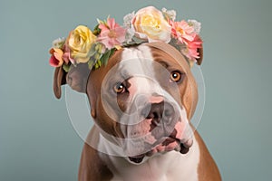 Staffordshire Bull Terrier dog with flower crown on head on pastel background