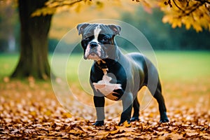 Staffordshire Bull Terrier dog. Portrait of a beautiful Staffordshire Bull Terrier playing in the park. Generative AI