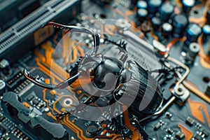 A stag beetle sitting on computer motherboard, computer virus concept