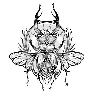 Stag-beetle tattoo. psychedelic, zentangle style. vector illustration