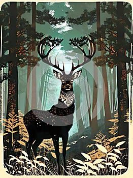Stag deer fantasy forest magical wildlife illustration artwork design graphic plant trees