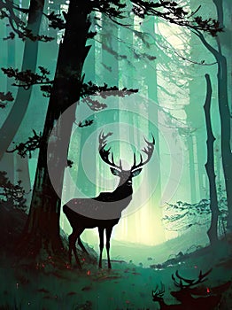 Stag deer fantasy forest magical wildlife illustration artwork design graphic plant trees