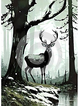 Stag deer fantasy forest magical wildlife illustration artwork design graphic plant trees