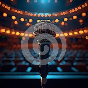 Stage anticipation Microphone on theater stage before concert, empty seats