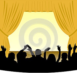 Ilustración de un escenario de un teatro con una medalla de oro de la cortina y una audiencia en la silueta.