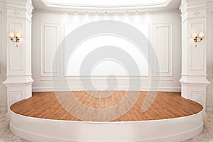 Stage of auditorium with wooden floor and white board.