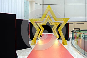 Stage backdrop catwalk design. Concept for award ceremony, celebrity or red carpet event, fashion show, or exhibition space. Star