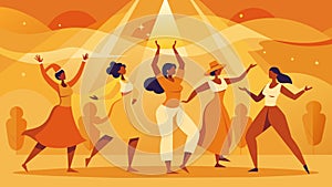 The stage is bathed in warm golden light as the dancers sway to a soulful rhythm embodying the joy and relief that comes