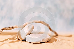 A stage for beauty cosmetic products with textured stones and a tree branch. An empty podium for package performing with sand and