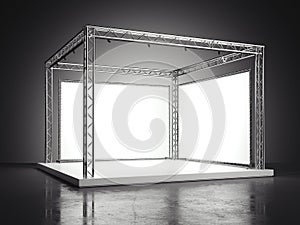Stage with blank billboards in dark studio. 3d rendering