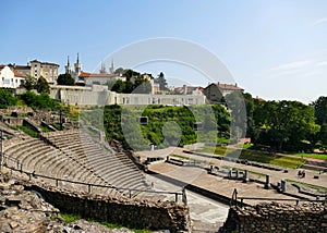 The stage and the bleachers of the roman theater of Lyon on the hill of FourviÃ¨re