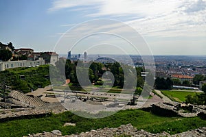 The stage and the bleachers of the roman theater of Lyon on the hill of FourviÃ¨re