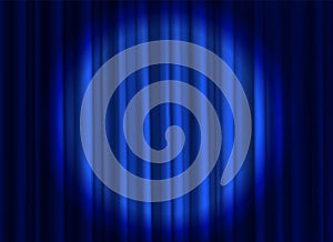 Stage blue curtain. Theatrical or cinema cloth luxury silk elegant closed curtains with spotlight vector background