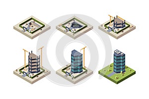 Stage construction isometric. High modern building skyscraper architecture vector techniques pictures