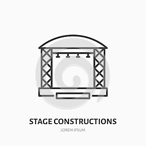 Stage constructions flat line icon. Scene, event equipment rental sign. Thin linear logo for concert, music festival