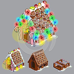 Stage of create of festive cake in shape of village house decorated in Christmas style isolated on grey background