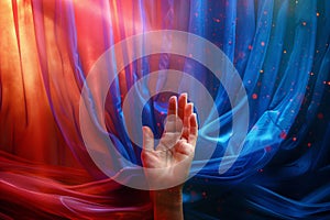Stage curtain opens as hand prepares for performance debut photo