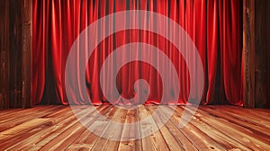 Stage curtain and wooden floor in red, theater curtain backdrop, opera curtain backdrop, concert grand opening or movie