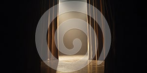 Stage Curtains Opening With Spotlight On Empty Theater Stage. Anticipation Of A Performance
