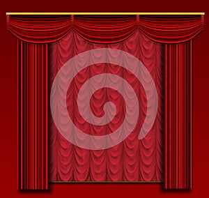 Stage curtains with ornate backdrop and wall.