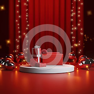 Stage with curtains and spotlights. Red podium christmas light decoration.