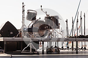 Performance stage with drums before the show. Backstage before a concert