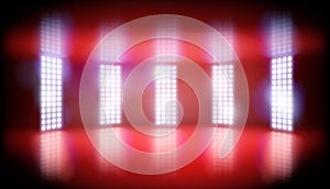 Red lights on the stage before the show. Vector illustration.