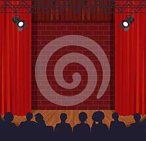 Stage hall, theater scene with red curtain