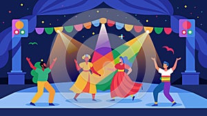 The stage illuminated with a rainbow of lights as a group of dancers representing different cultures and identities come photo