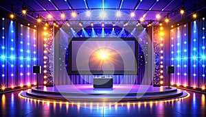 Stage with large screen and colorful lights projection
