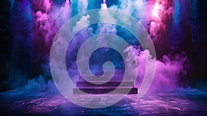 Stage light with smoke neon colors. Purple and blue. Laser neon red and blue light rays flash and glow. Festive concert
