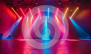 stage lighting effect in the dark with neon red and blue rays of light
