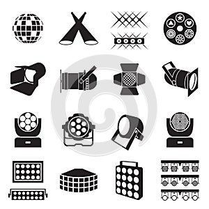 Stage lighting icons. Scene lighting equipment icons