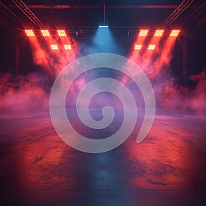 Stage lights. Abstract scene with round podium, neon light and smoke.