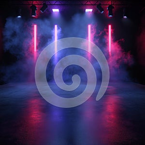 Stage lights. Abstract scene with round podium, neon light and smoke.