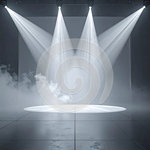 Stage Lights Illuminating Smoke Effects on Empty Platform with Dramatic Lighting